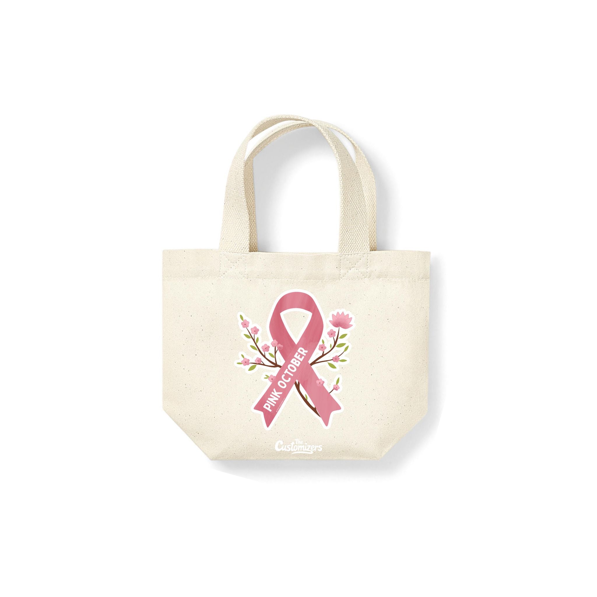 Beige mini tote bag with pink breast cancer awareness ribbon, floral design, and 'Pink October' text – eco-friendly support bag by The Customizers.