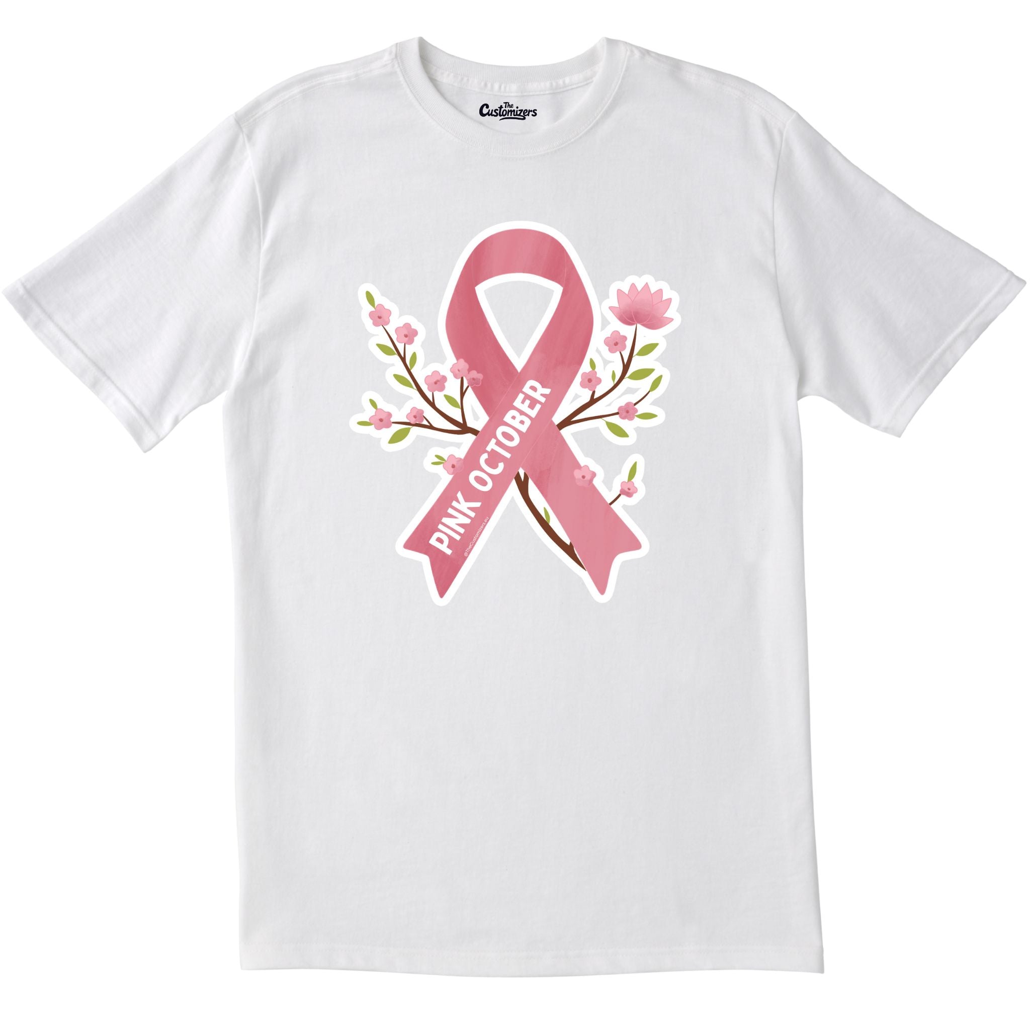 White unisex T-shirt with large pink breast cancer awareness ribbon, floral design, and 'Pink October' text – support Pink October by The Customizers.