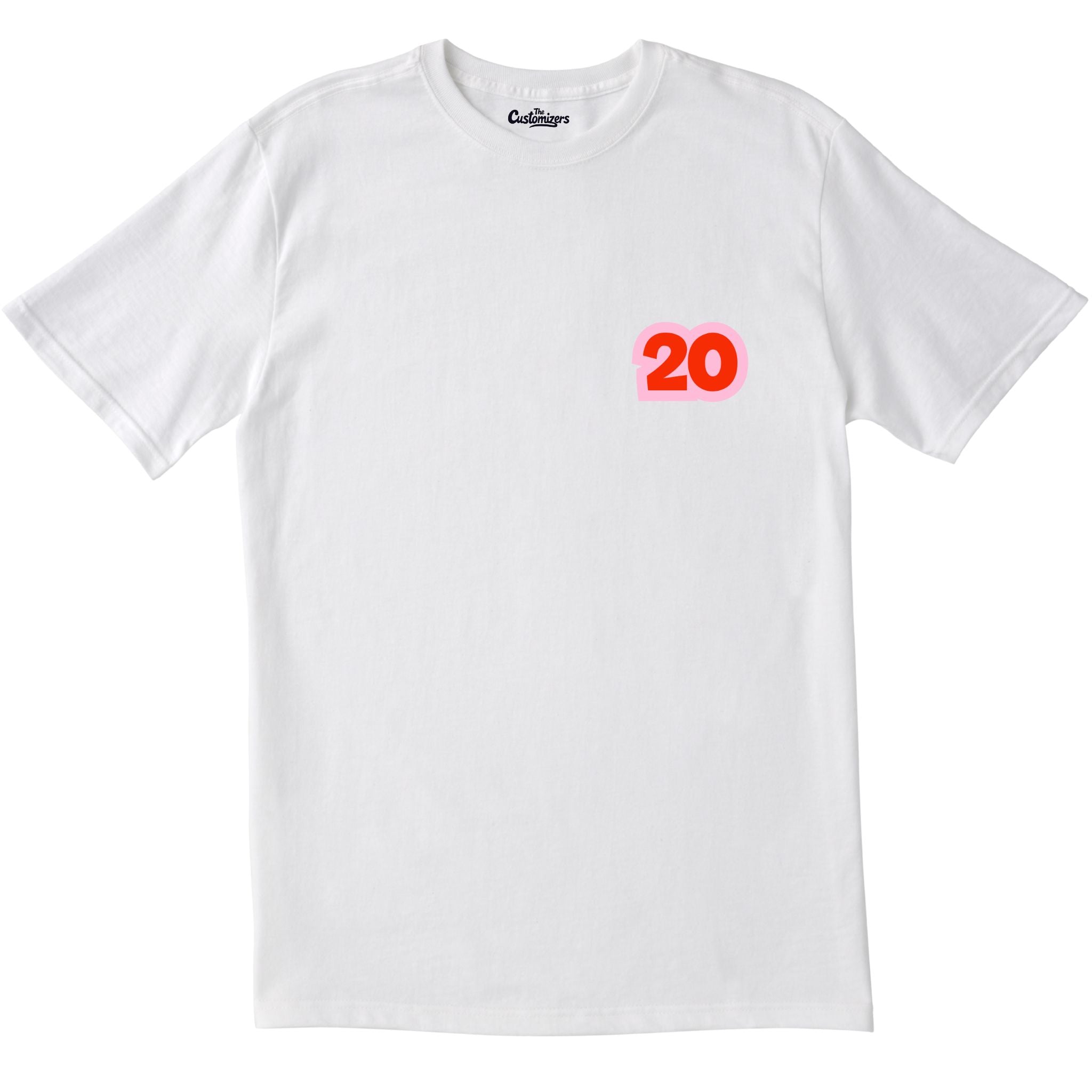 White T-shirt with small red “20” design on the front left chest.