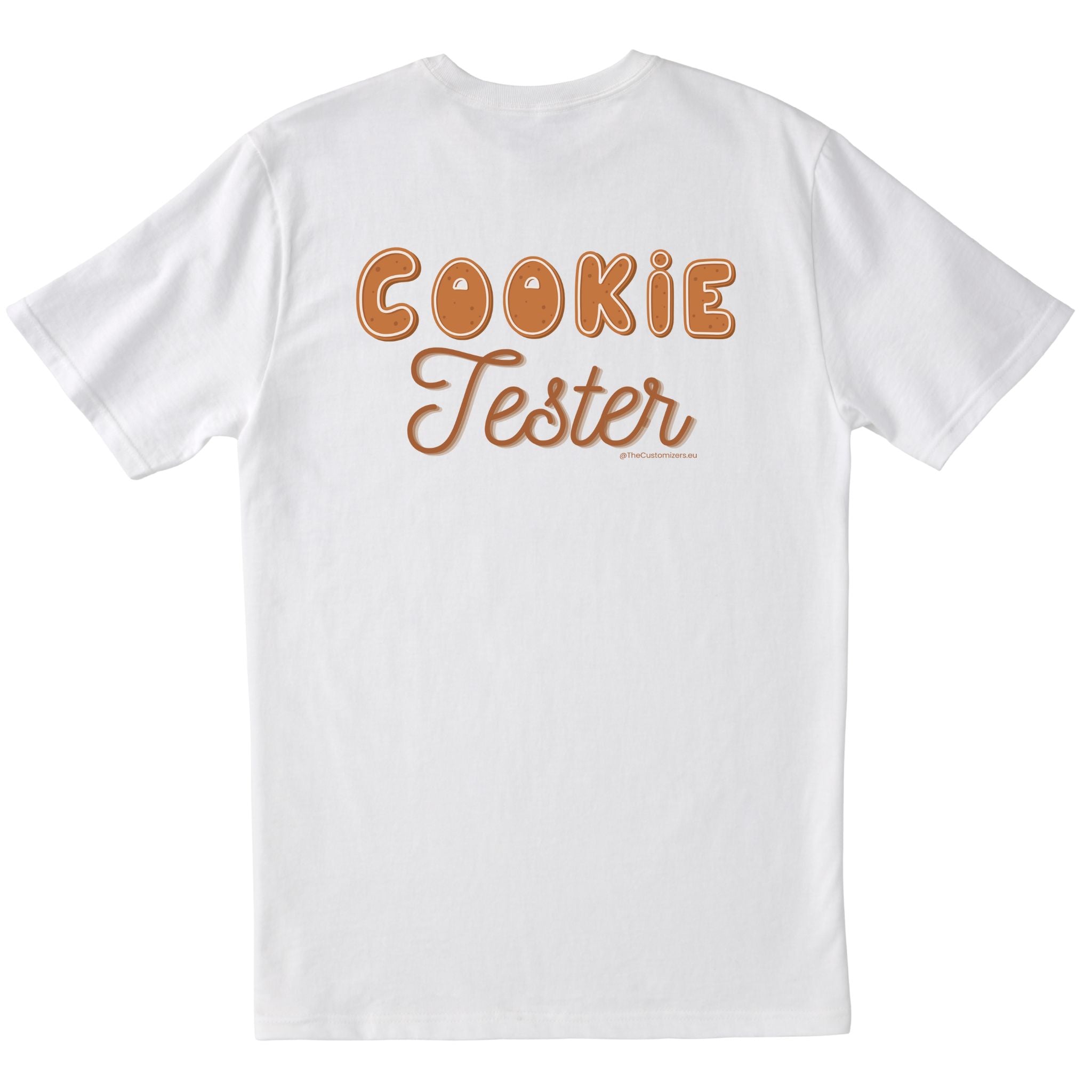 White T-shirt with large back print text “Cookie Tester” in gingerbread-inspired lettering.