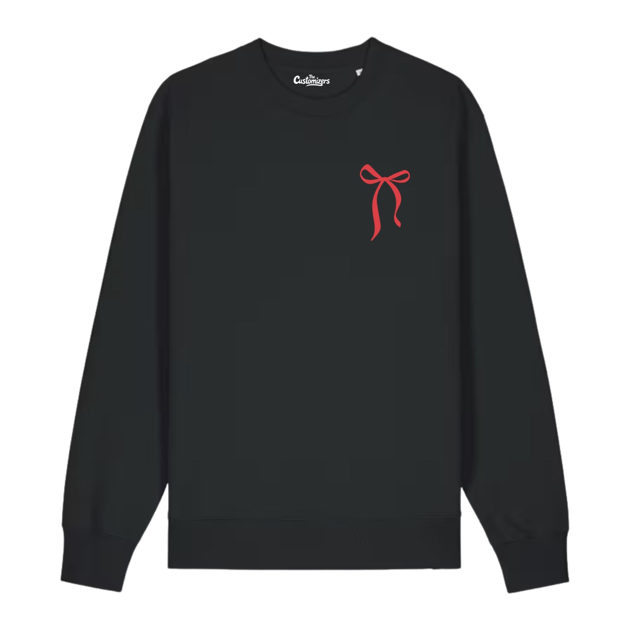 Black sweatshirt with a red bow design on a white background