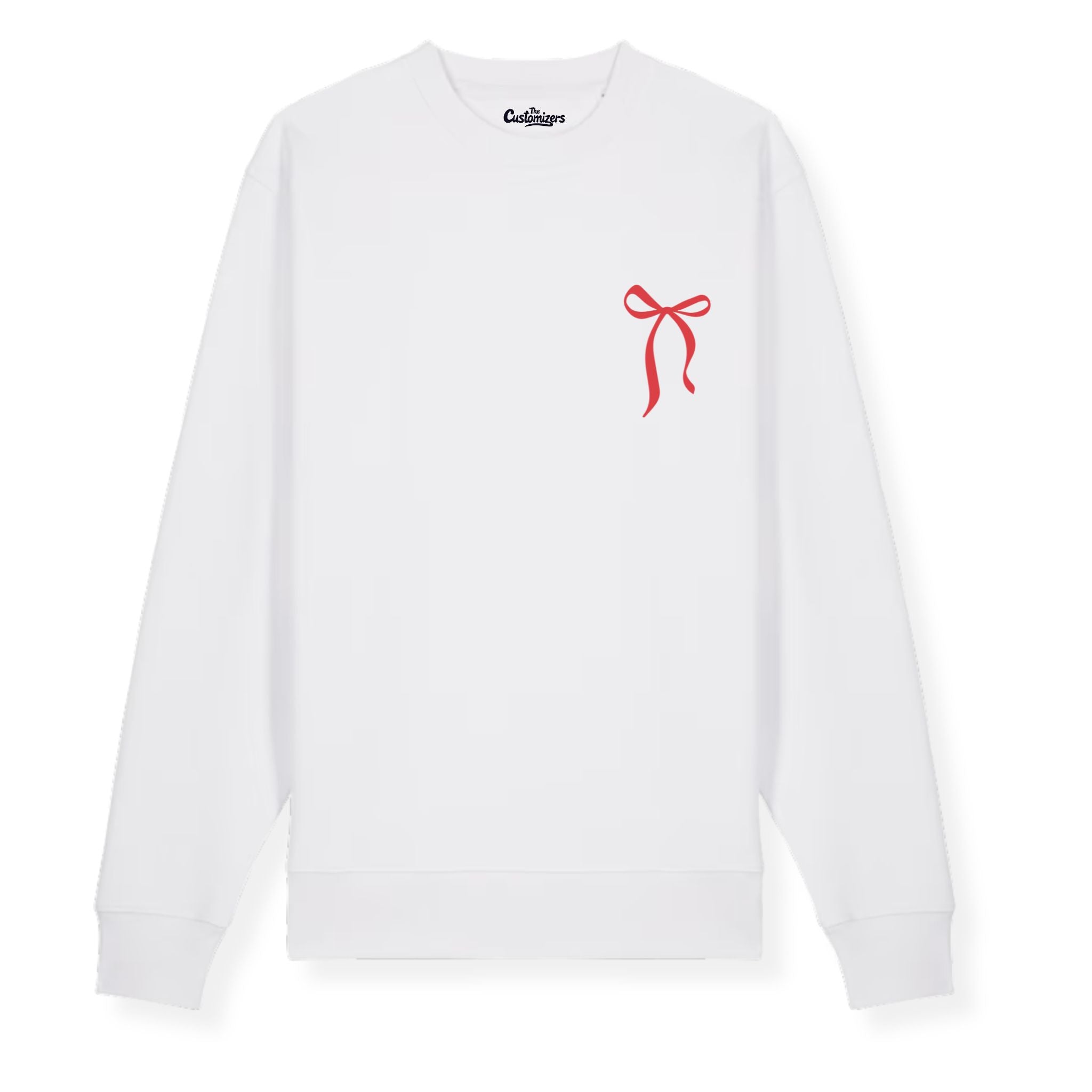 White sweatshirt with a red bow design on a white background