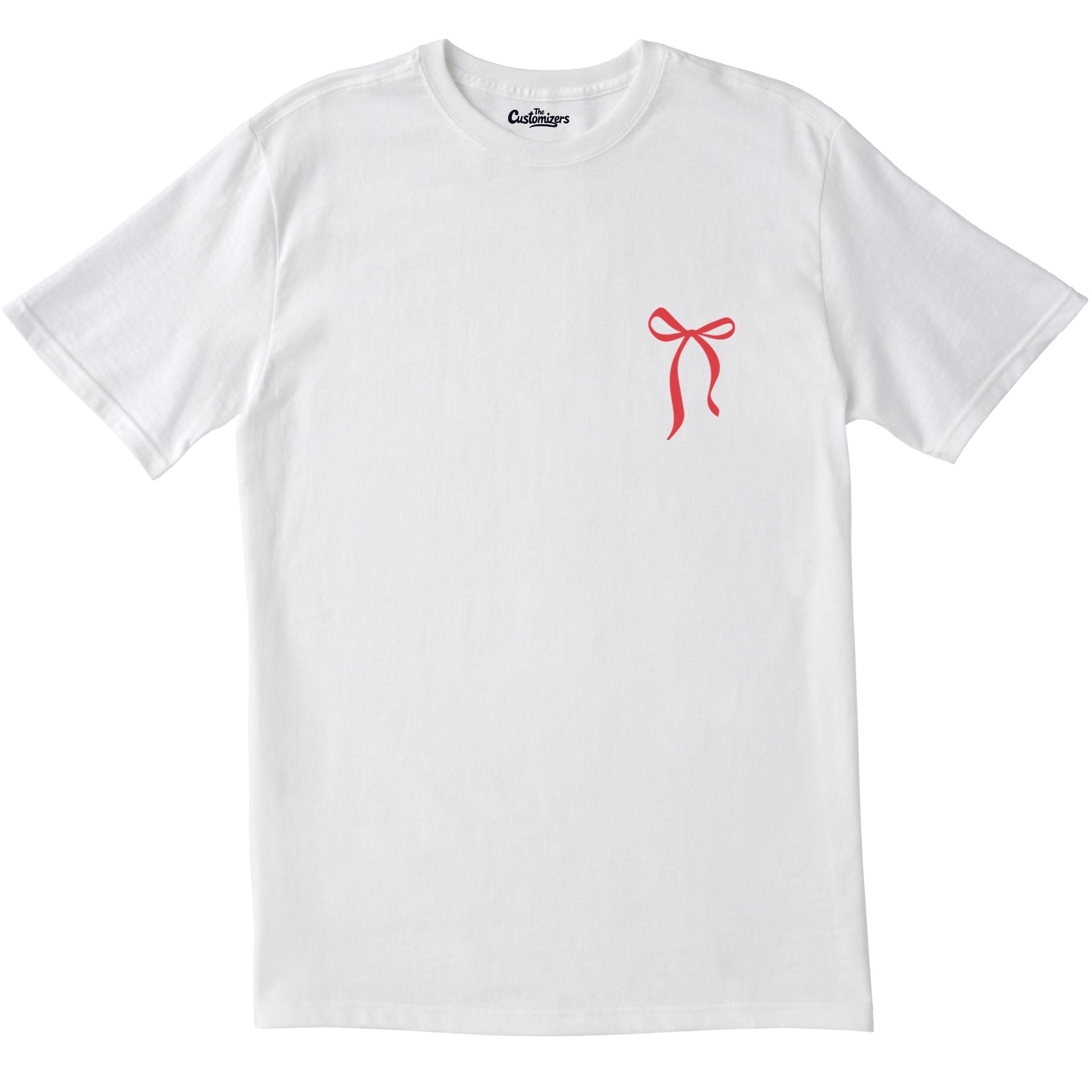 White T-shirt with a small red bow design on the left chest.