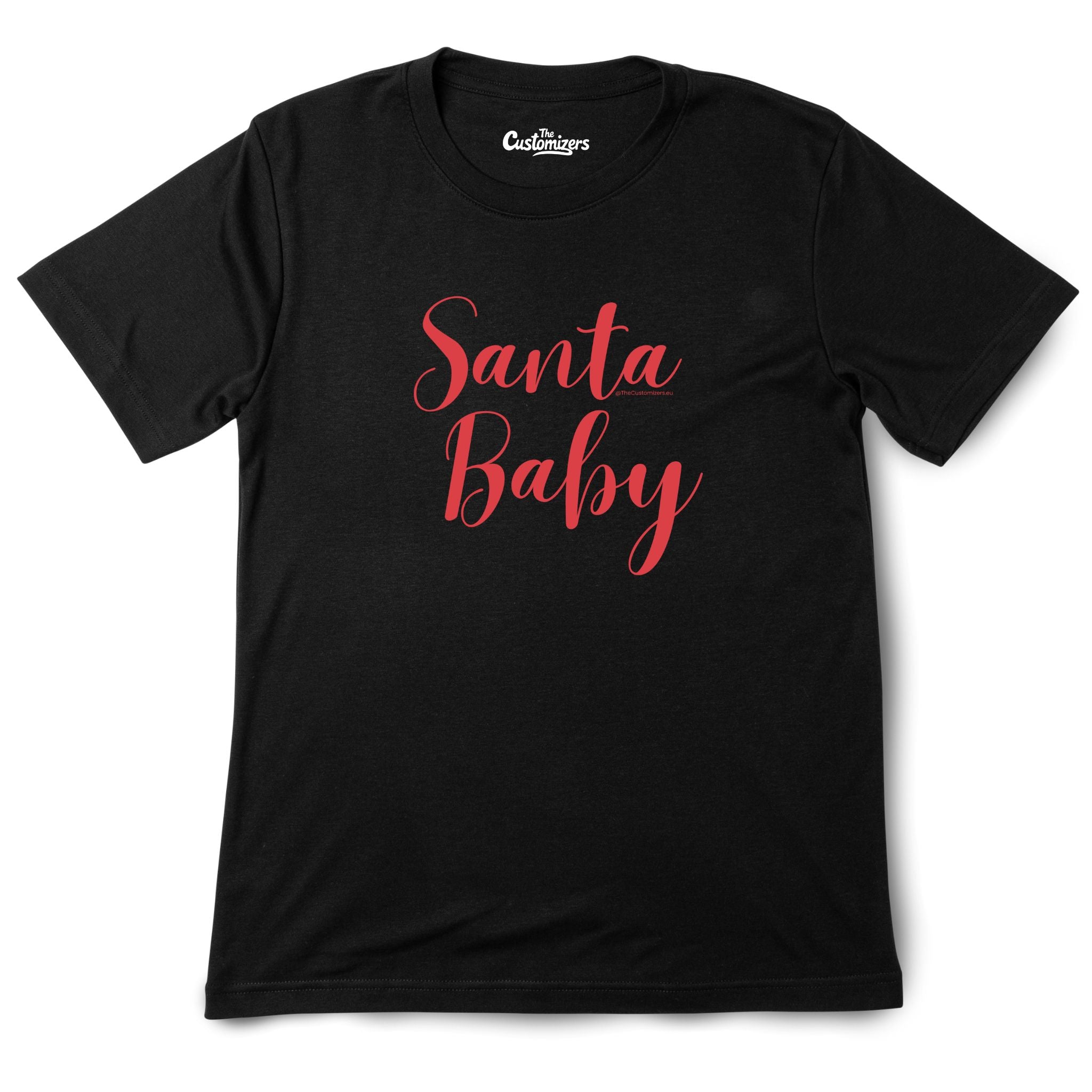 Black T-shirt with the words “Santa Baby” printed in bold red script lettering on the front.