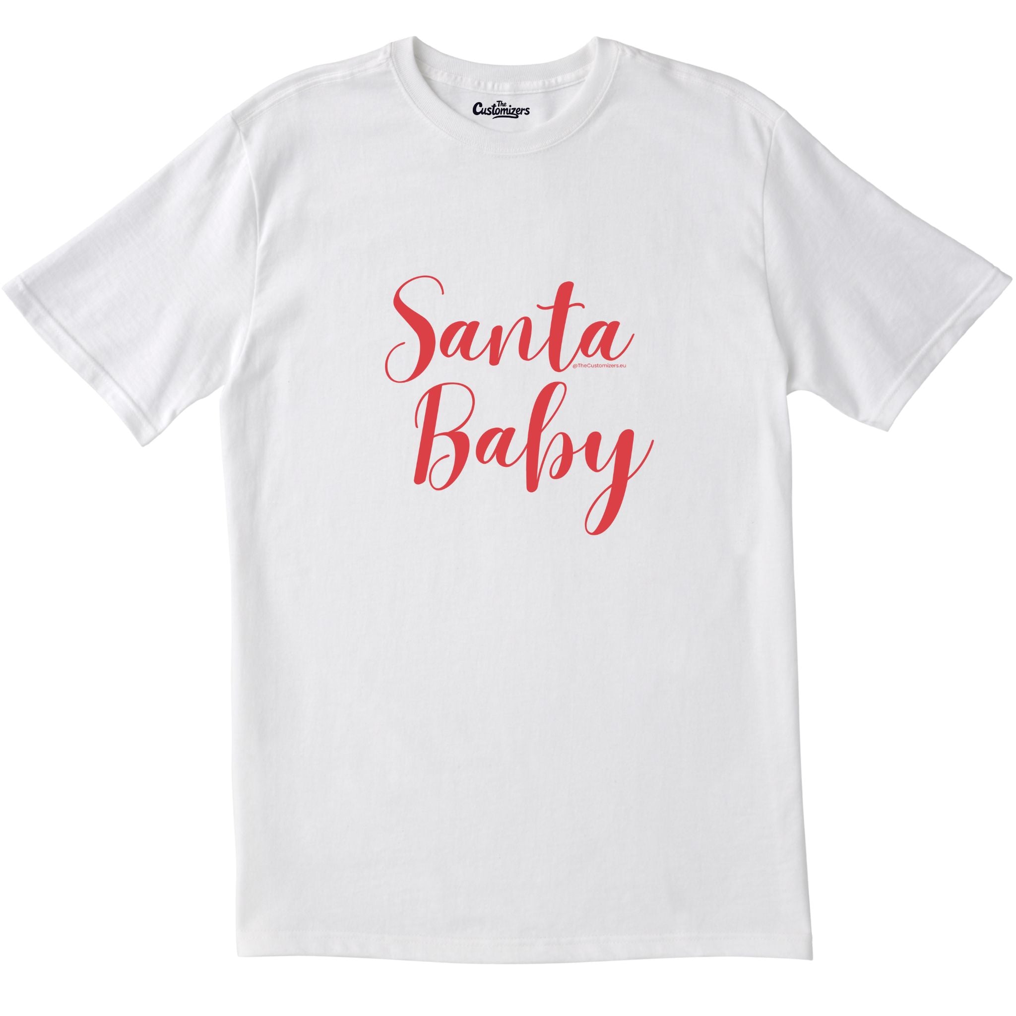White T-shirt with the words “Santa Baby” printed in bold red script lettering on the front.