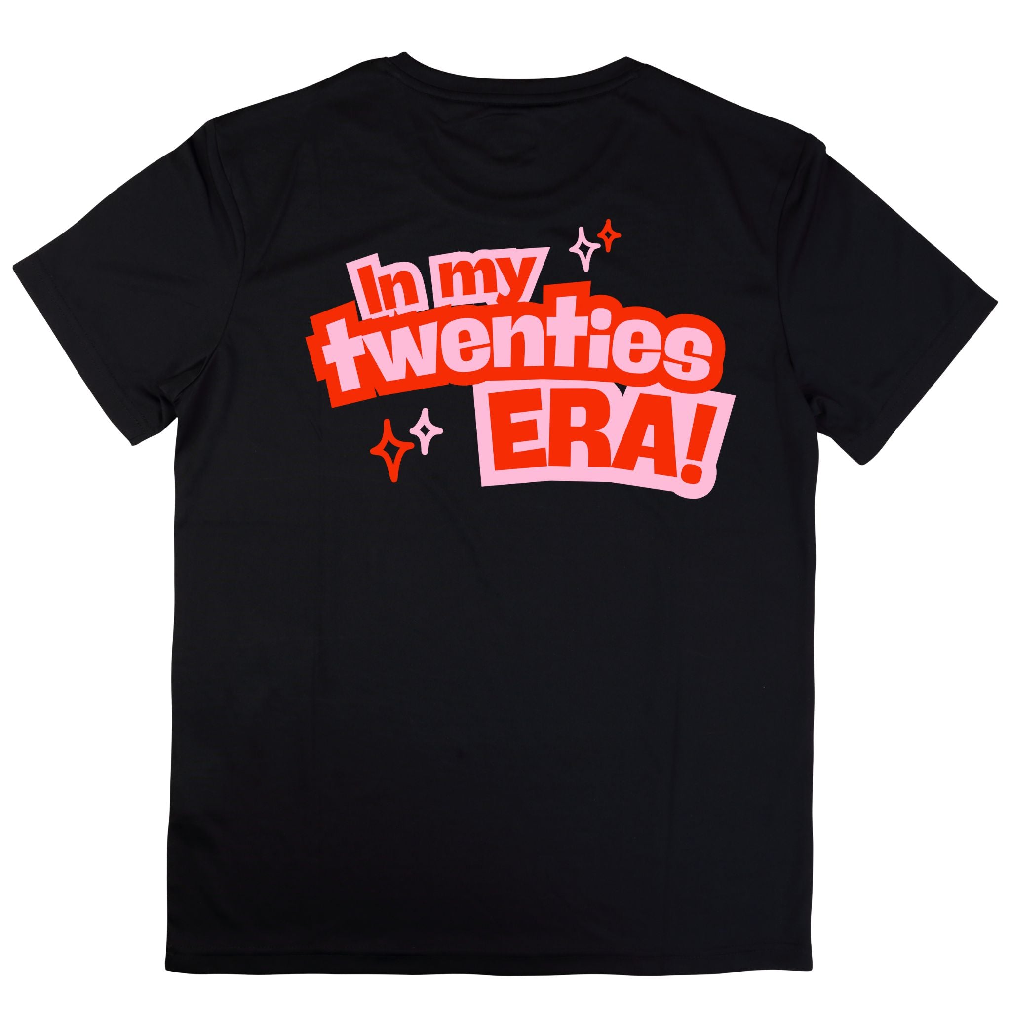 Black T-shirt with large back print text “In my twenties ERA!” in red and pink with star accents.