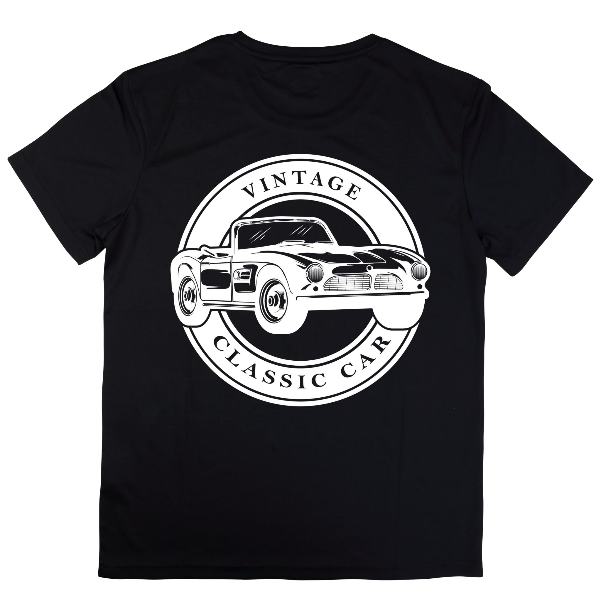 Black t-shirt with a vintage classic car graphic and text on a white background