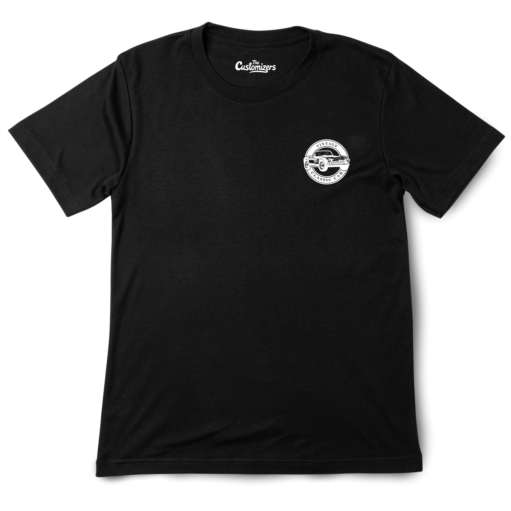 Black t-shirt with a white logo on the chest against a white background