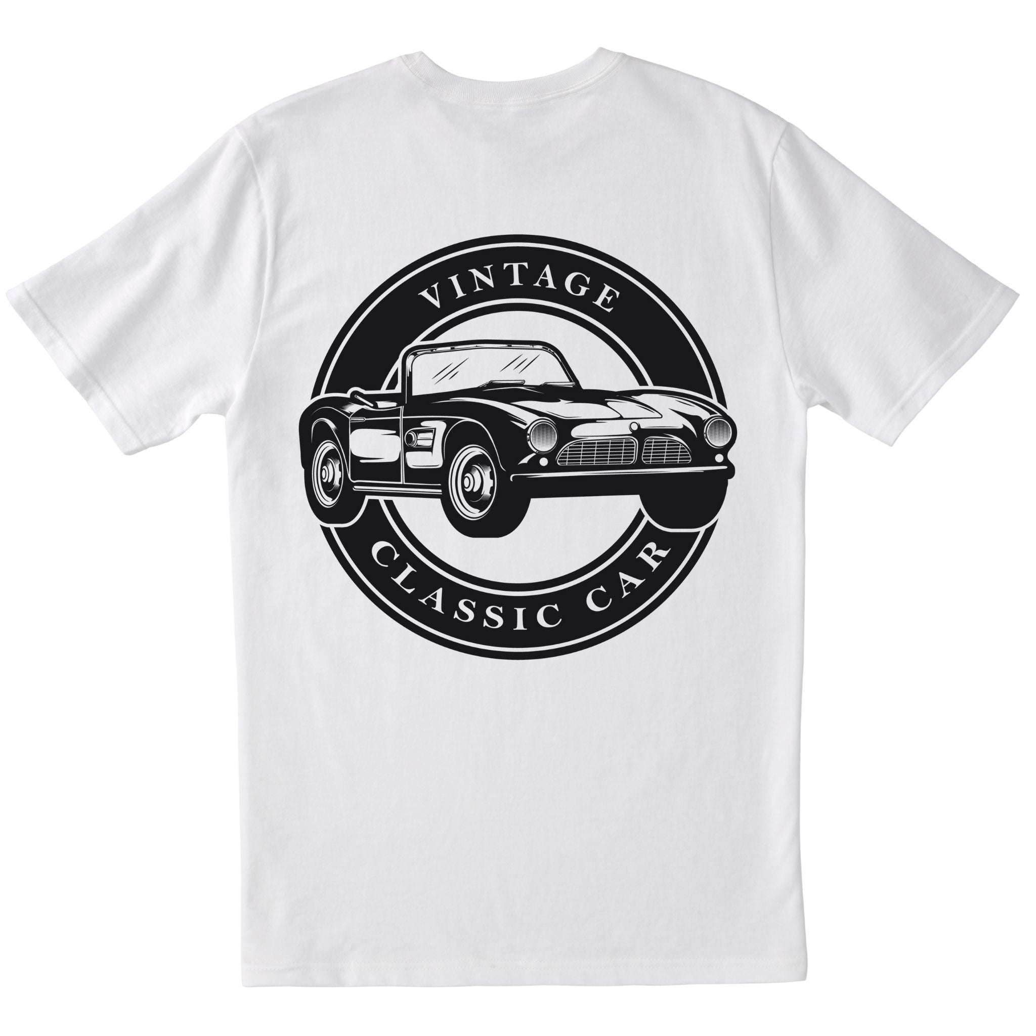 White t-shirt with black vintage classic car graphic on a white background