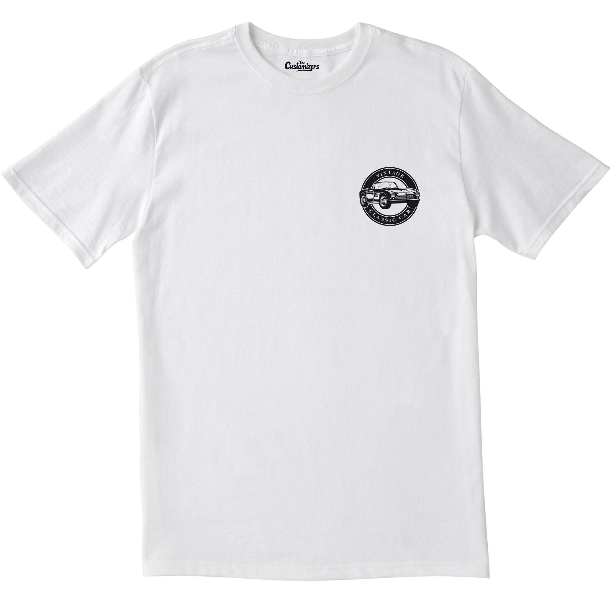 White t-shirt with a black logo on the chest against a white background