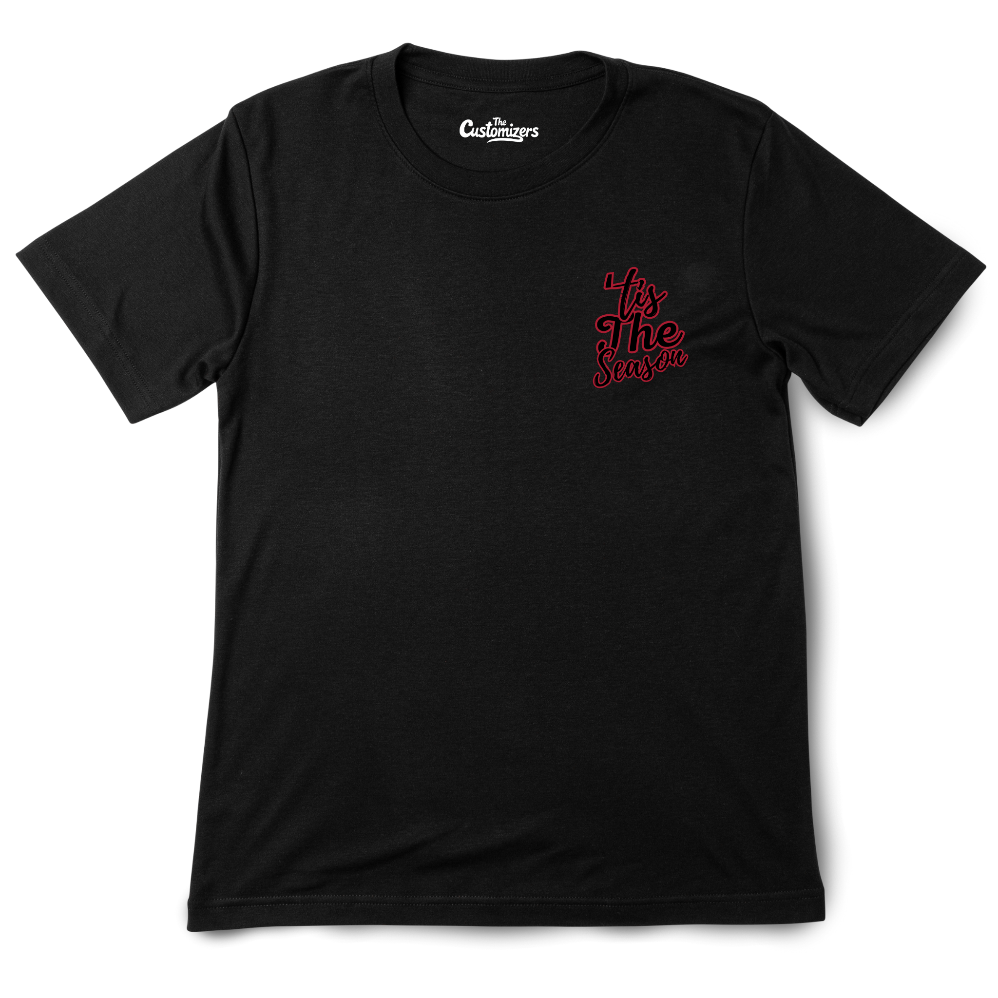 Black t-shirt with a small " 'Tis The Season" design in red and black script on the left chest.